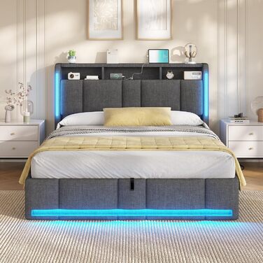 М&39яке двоспальне ліжко 140x200 з ящиком для зберігання, гідравлічне ліжко з місцем для зберігання зі світлодіодним освітленням та розетками, ліжко 140x200 см з узголів&39ям для зберігання, рейковий каркас, льон, темно-сірий (без матраца) 140 x 200 см те