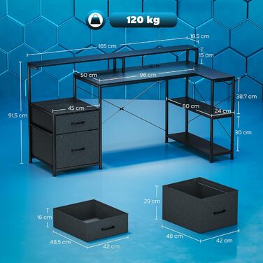 Ігровий стіл HOMCOM, L-подібний, 165 x 80 см, зі світлодіодним освітленням та розетками, комп&39ютерний стіл з підставкою для двох моніторів, 2 шухляди, відділення для зберігання, для домашнього офісу, ігор, навчання, чорний колір дерева