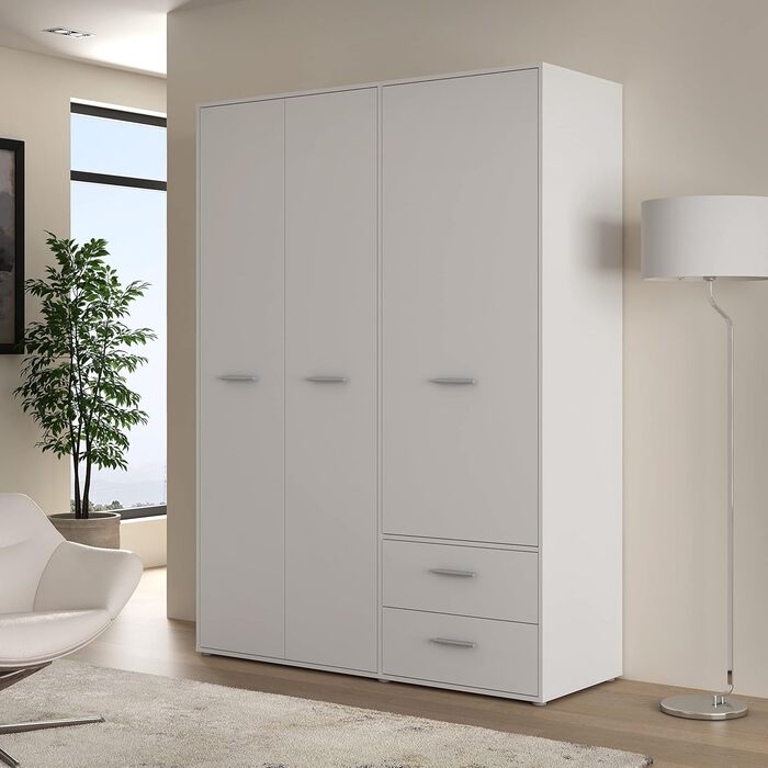 Шафа 140 150, біла шафа, шафа з орними дверима, 3 двері, з 2 шухлядами та полицями, біла, 145 см завширшки x 53 см завглибшки x 200 см заввишки. Біла 145 x 200 x 53 см, 3 двері