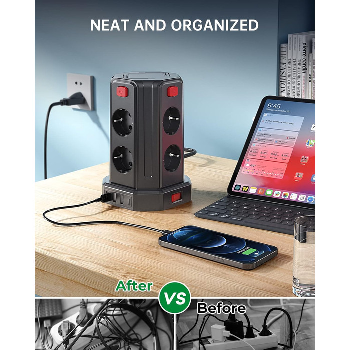 Подовжувач з 4 USB, Sameriver 8 відсіків з декількома розетками, захист від перенапруги, розетка з вимикачем, подовжувач 3M, розет