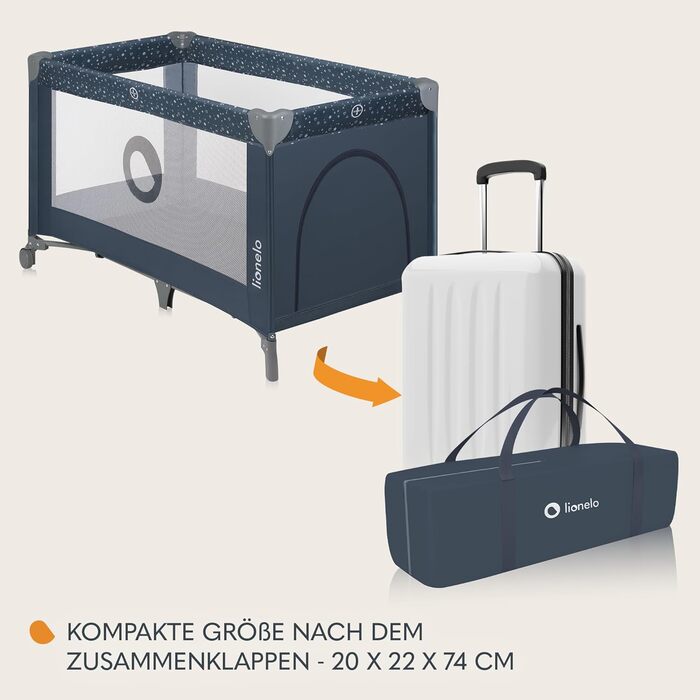 Дитяче ліжечко Lionelo Stefi, дорожнє ліжечко від народження до 15 кг, бічний вхід, система безпеки LockGuard, блокування коліс, сумка для перенесення, складне, синьо-сіре