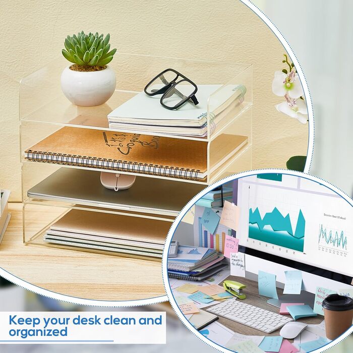 Акриловий лоток для паперу Harloon з 4 ярусами, що штабелюється, лоток для листів, прозорі полиці для організації, не потребує робочого місця, місце для зберігання на столі (31,1 x 21,5 x 6,6 см) 12,4 x 8,74 x 2,68 дюйма