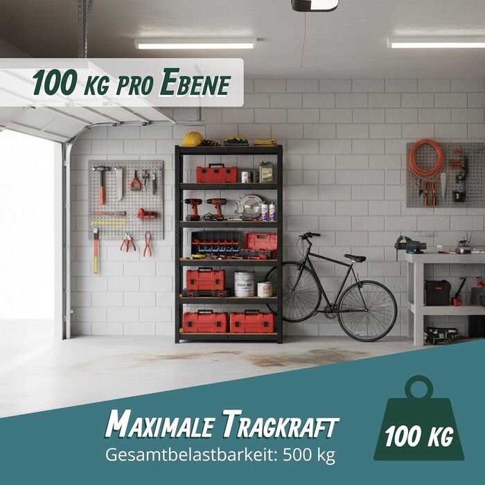 Міцний стелаж Relaxdays, 500 кг, ВШ 200 x 100 x 50 см, 5 полиць, імітація дерева, полиця для зберігання, сталь та МДФ, чорний/коричневий