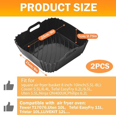 Аерофритюрниця Hivio з силіконовою формою для фритюрниці Cosori 5.5 л xxl/6.4 л, 2 шт. 22 см аксесуари для фритюрниці багаторазова мультипіч силіконова форма для мультипечі Philips XXL/Ninja Speedi