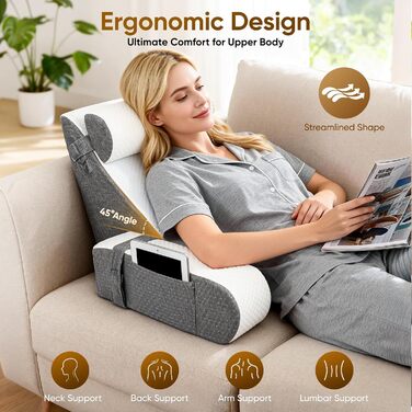 Подушка для читання зі знімним потиличним валиком та підлокітником, ергономічна подушка для спини/книги з кишенею для зберігання та чохлом, який можна прати, для ліжка та дивана для читання, роботи, сну та перегляду телевізора