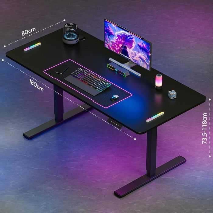 Стіл з регульованою висотою 180x80 см, Електричний ігровий стіл, Стіл з функціями пам&39яті та гачками, Чорний 180x80 см Чорний