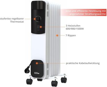 Масляний радіатор Gde OR 1500-7 (1500 Вт, 3 режими нагріву, 7 секцій, термостат, захист від перегріву та перекидання, колеса), чорний