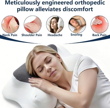 Подушка для шиї з дихаючої піни з ефектом пам&39яті, ергономічна подушка для сну на спині, боці та животі, 63x40x10/12 см, сіро-білий колір
