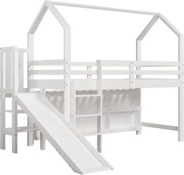 Дитяче двоярусне ліжко 90 x 200 см з гіркою, Багатофункціональне дитяче ліжко зі сходами та полицею для зберігання, Односпальне ліжко Treehouse з місцем для зберігання, Масив дерева МДФ, Білий