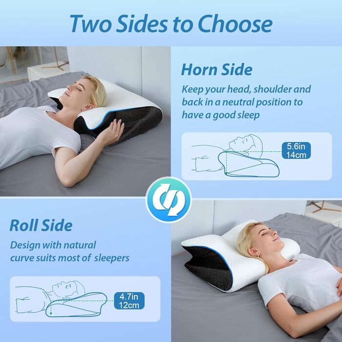 Ергономічна подушка для шиї HOMCA 2 в 1, подушка з піни з ефектом пам&39яті для сну на спині, боці та животі, 60x40x12/14 см, чорна