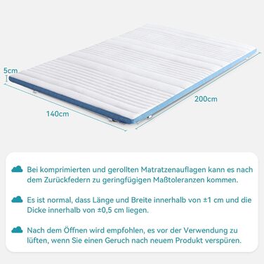 Наматрацник Storeo Basics з піни з ефектом пам&39яті з ремінцями, 140 x 200 см, товщина 5 см, білий 140 x 200 x 5 см