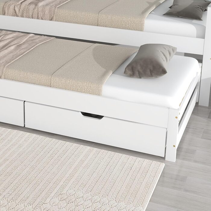 Диван-ліжко Merax 90x200 см, кушетка з 2 шухлядами, дитяче ліжко, функціональне ліжко з рейковою основою, висувне односпальне та двоспальне ліжко, каркас з масиву дерева, для дівчаток та хлопчиків, біле висувне ліжко 90 x 200 см