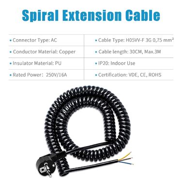 Спіральний кабель 5 м, розтяжний спіральний кабель із захисним контактним кутовим штекером, 3-жильний з'єднувальний кабель із захисним контактним штекером, подовжувач кабелю живлення IP20, 250 В/16 А - чорний / H05VV-F 5 м без муфти - чорний