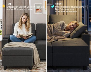 Кутовий диван Devoko зі сном та ящиком для зберігання речей, L-подібний диван, 3-місний розкладний диван-ліжко, лляна кушетка, невеликий розкладний диван для квартири та вітальні, темно-сірий, 200 см - L темно-сірий