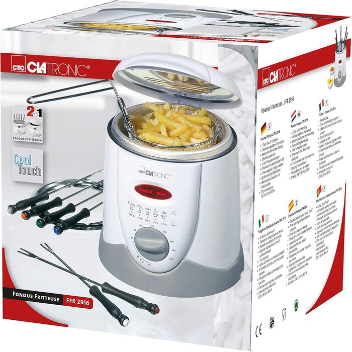 Фритюрниця Clatronic 2в1 з 6 вилок для фондю Фондю для шоколадного фондю і сирного фондю Фритюрниця на 1 літр олії/жиру Панель керування з дисплеєм керування Корпус Cool-Touch 840 Вт ФРС 2916