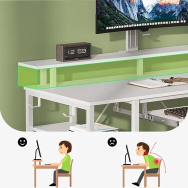 Ігровий стіл Seventable з шухлядами, комп&39ютерний стіл зі світлодіодним освітленням, розетками та USB-портами, ігровий стіл з підставкою для клавіатури та монітора для офісу, вітальні (білий, 120x47x88 см) Білий 120x47x88 см
