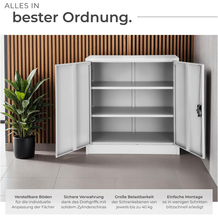 Картотечна шафа, що замикається, металева шафа з циліндричним замком безпеки, офісна шафа, що замикається, багатоцільова сталева шафа, 3 полиці з регульованою висотою, 90 x 40 x 90 см - сірий