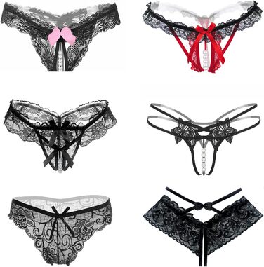 Набір із 6 жіночих сексуальних стрингів з бантиком, перлинами та мереживом, відкритий дизайн, універсальний розмір