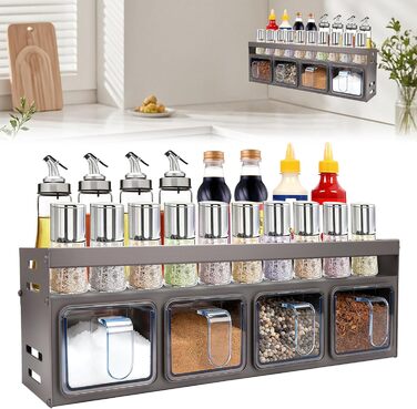 Підставка для спецій з банками для спецій, окремостояча та настінна підставка для спецій, банки для спецій з полицею, підвісна підставка для спецій (не потребує свердління) з 4 коробками для спецій, тонкий металевий органайзер для спецій на кухонну стільн