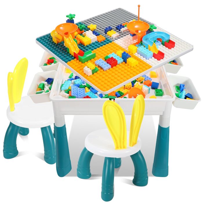 Дитячий стіл з 2 стільцями, ігровий стіл для дітей з 251 будівельним блоком, багатофункціональний ігровий стіл для дітей віком від 2 років з місцем для зберігання, креативний ігровий стіл з будівельних блоків, набір будівельних блоків 5551 см