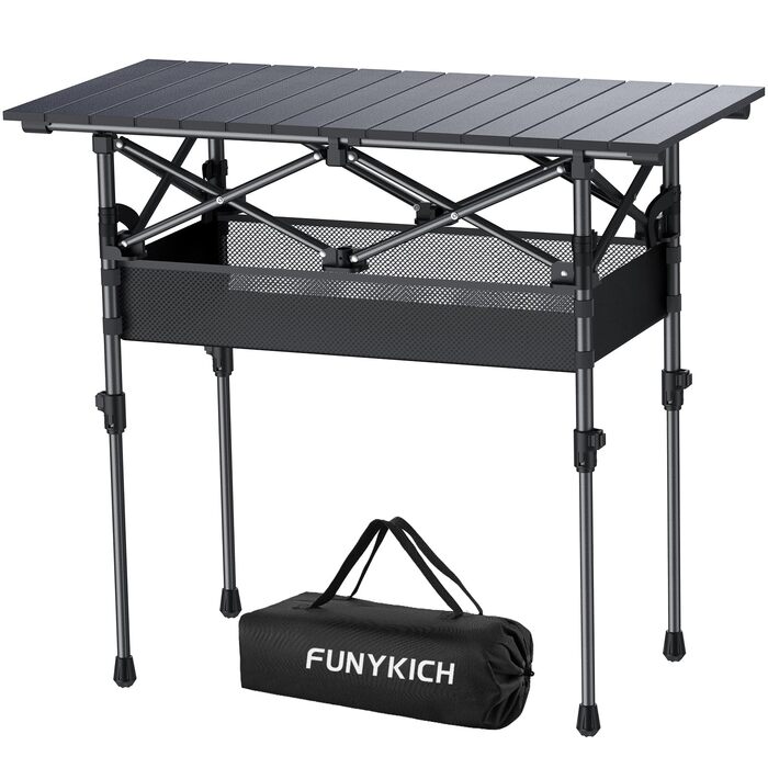 Складаний кемпінговий стіл FUNYKICH 82 x 40 см, Складаний стіл з 2 регулюваннями висоти (44/70 см), Легке складання, Портативний складаний стіл із сітчастою сумкою, Алюмінієва згортальна стільниця для барбекю, кемпінгу, вечірки, саду, 82 x 40 x 44/70 см