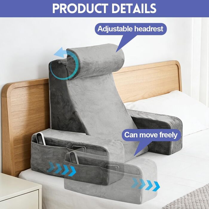 Подушка для читання для ліжка та дивана, подушка для спини для читання та перегляду телевізора зі знімним потиличним валиком та підлокітником, комфортна подушка для читання для дорослих, подушка для читання для ліжка, дивана або спинки підлоги