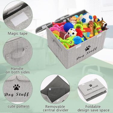 Великий лляний ящик Pethiy з кришкою для аксесуарів для собак - Складаний подвійний сітчастий кошик з ручками, для іграшок та одягу для собак - 43 x 31 x 26 см (Сірий у смужку)