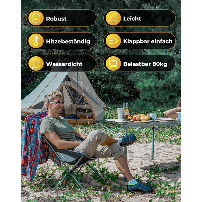 Складаний кемпінговий стіл KingCamp з алюмінієвою рамою, зсувна стільниця для 4-8 осіб, складний кемпінговий стіл з сумкою для перенесення, вантажопідйомність до 80 кг, чорний, 4 особи