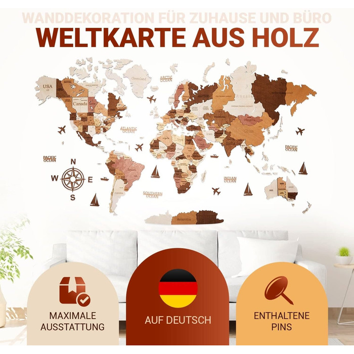 Преміальна 3D дерев&39яна карта світу настінна прикраса німецькою мовою зі шпильками Кріплення на стіну без інструментів Ідея подарунка на будь-яку подію Дерев&39яна настінна прикраса для дому та офісу (колір дерева, 160x85 см) 160Д x 85Ш см, колір дерева