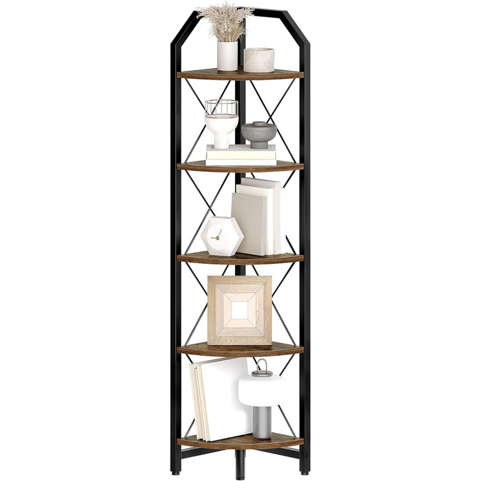 Кутова полиця з 5 полицями, промислова книжкова шафа, окремостояча підставка для дисплея, кутова полиця для ванної кімнати, підставка для рослин, для спальні, кухні, рустикальний коричнево-чорний DTCJ10BF