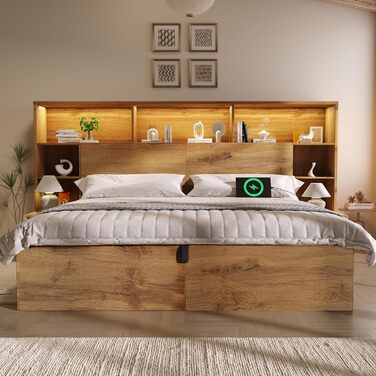 Двоспальне ліжко ANIROY, дерев&39яне ліжко 180x200 см, гідравлічне ліжко з місцем для зберігання речей та узголів&39ям, узголів&39я для зберігання речей зі світлодіодним підсвічуванням та портом USB-C, каркас ліжка System з рейковою основою, матрац не вхо