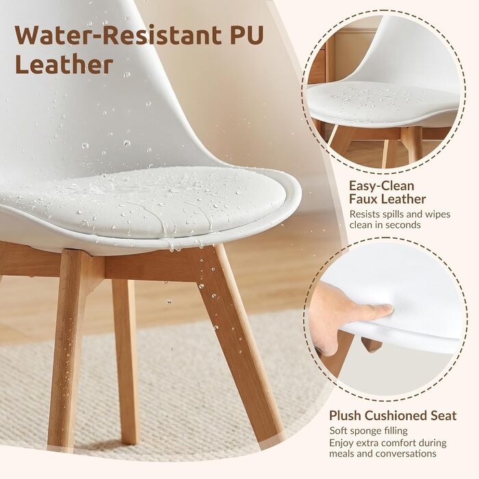 Обідні стільці з ніжками з масиву бука, сучасний ретро-дизайн середини століття, м&39які стільці для кухні, їдальні та вітальні, білий, 4