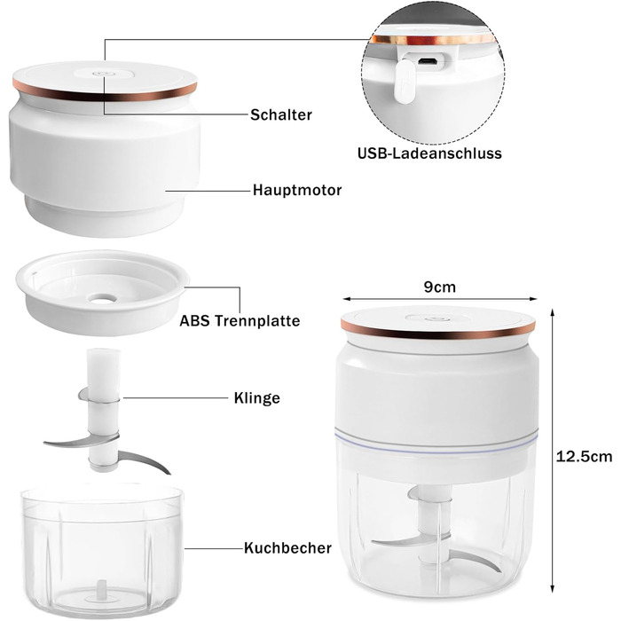 Подрібнювач цибулі, електричний подрібнювач, електричний подрібнювач цибулі, подрібнювач овочів, блендер, мульти та універсальний подрібнювач 300 мл робочий контейнер із зарядним кабелем (білий)