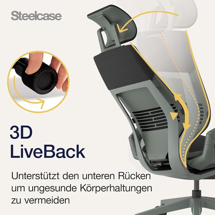 Ергономічне офісне крісло Steelcase Gesture з підлокітниками на 360, 3D-функцією поперекової підтримки з динамічною спинкою, регульованим підголівником, чорний онікс, 66 x 62,5 x 107 см, чорний онікс з підголівником