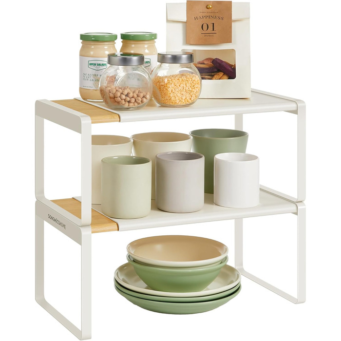 Стійка для спецій, набір з 2 шт. , висувна, кухонний органайзер, кухонна полиця, органайзер для шафи, тримач для спецій, кухня, невелика полиця, штабелюється, настільний органайзер, натуральний бежево-кремово-білий KCS051N01 2 натуральний бежевий кремово-