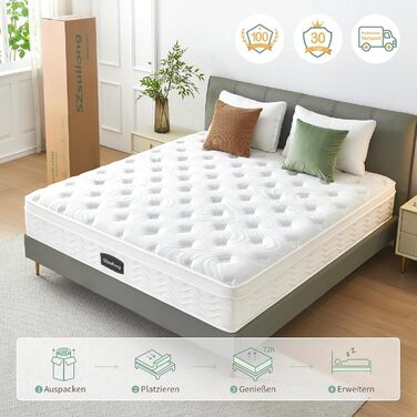 Матрац SZsuilong 200x200 H3 Висота 25 см з комфортною піною, 7-зонний пружинний матрац Pocket Spring, ергономічний пружинний матрац для дорослих, сертифікований ko-Tex та CertiPUR H3/середньої жорсткості 200x200x25 см