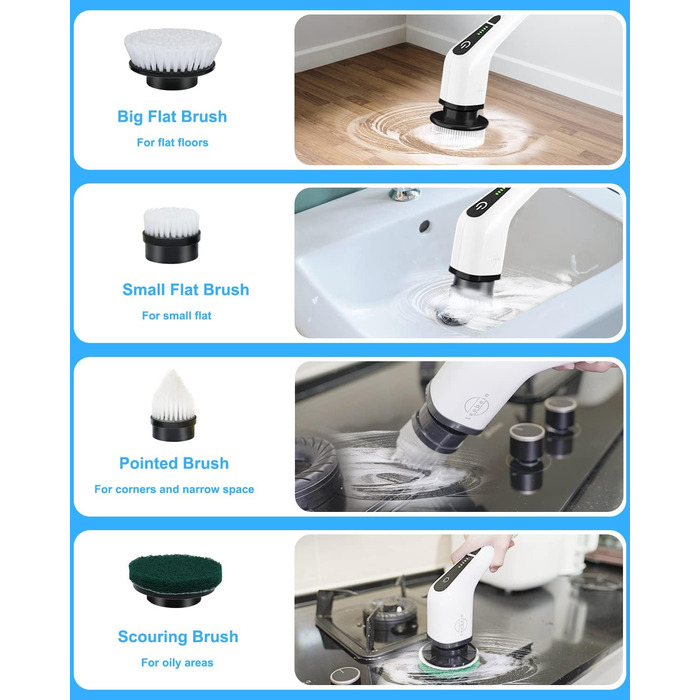 Електрична щітка для чищення, електричний спін-скребок бездротовий з 8 змінними насадками для свердління, швабра для ванни та плит