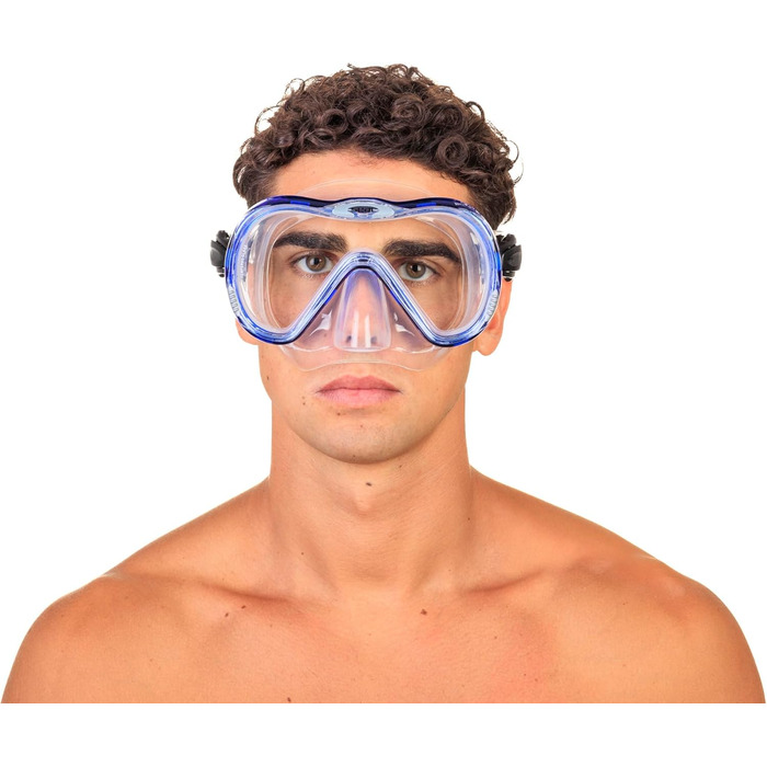 Силіконовий набір для дайвінгу та снорклінгу з маскою та трубкою з системою сухого верху та продувним клапаном, прозорий/синій