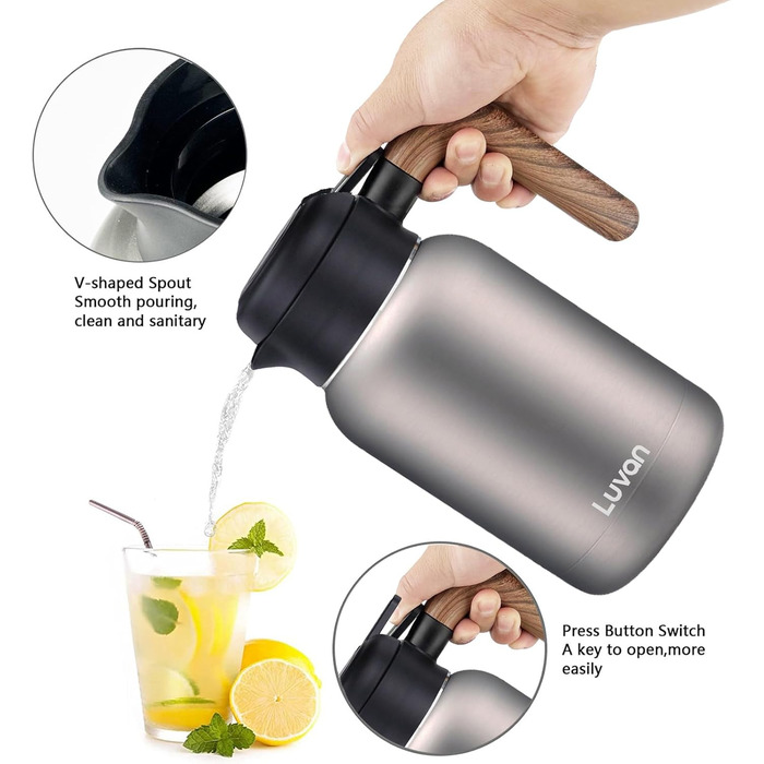 Кавник Luvan 2L з нержавіючої сталі 316 з подвійними стінками та вакуумною ізоляцією, термос для кави, кавовий поршень для термоса, ізольований горщик для соку/молока/чаю (сріблястий)