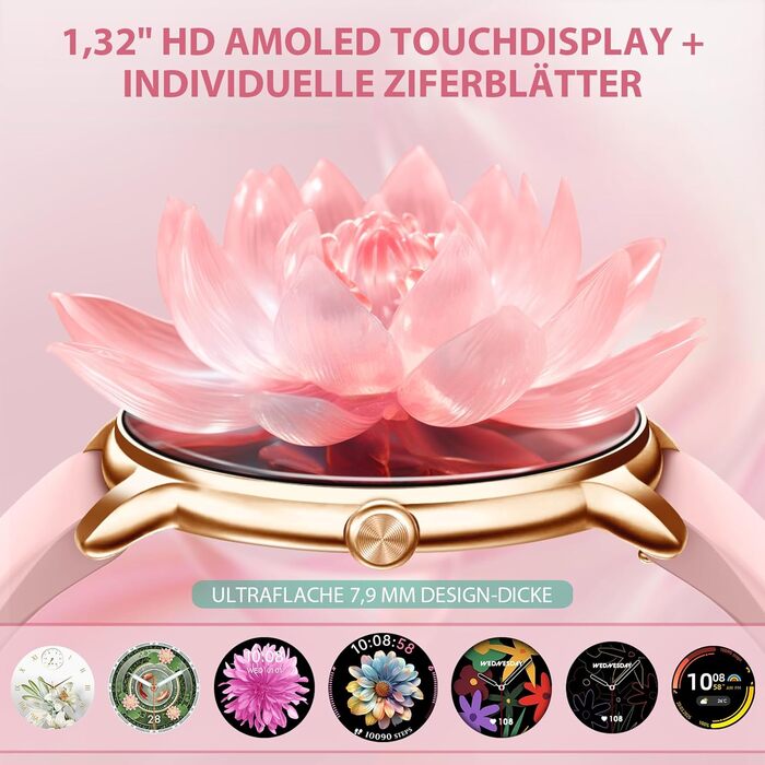 Жіночий смарт-годинник, круглий, ультратонкий, 1,32-дюймовий AMOLED-дисплей, завжди увімкнений фітнес-годинник із функцією телефону, монітор сну/пульсометр/крокомір, понад 100 спортивних режимів, водонепроникність IP68, Android/iOS