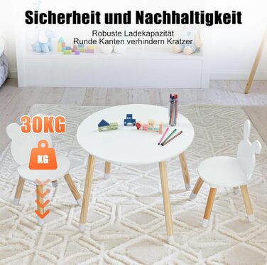 Дитячий стіл LALAHO з 2 стільцями, комплект дитячих сидінь, дитячий стіл/художній стіл, ігровий стіл, з сосновими ніжками, дитячі меблі для дитячих кімнат та дитячих садків (білий)