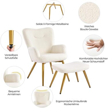 Крісло-крило Yaheetech з пуфом для ніг з тканини букле, реклайнер з підставкою для ніг, шезлонг зі складною спинкою, крісло під телевізор для вітальні/спальні кольору слонової кістки