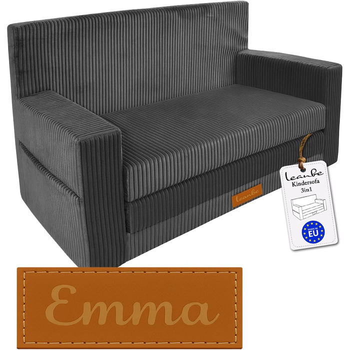 Дитячий диван 3-в-1, вельветовий ігровий диван, розкладний диван та розкладний диван, можливістю персоналізації, виробництво ЄС, (сірий)