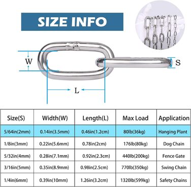 Подовжувач ланцюга Hannger з нержавіючої сталі - 5 м 3 мм Металеві підвісні котушки безпеки Міцний ланцюг до 80 кг Завантажуваний для тіньових вітрил Прикраса огорожі Намисто для собак Орнамент ліхтаря Повітряна йога (2 метри 2 шт. и, Ø 2мм)