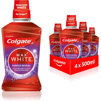 Ополіскувач для порожнини рота Colgate Max White Purple Reveal 4x500 мл - наша фіолетова сила для білих зубів, без спирту