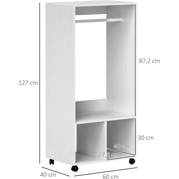 Мобільна шафа HOMCOM з полицями, 4 поворотні колеса для вітальні та спальні, алюмінієвий сплав, 60 x 40 x 127 см, білий