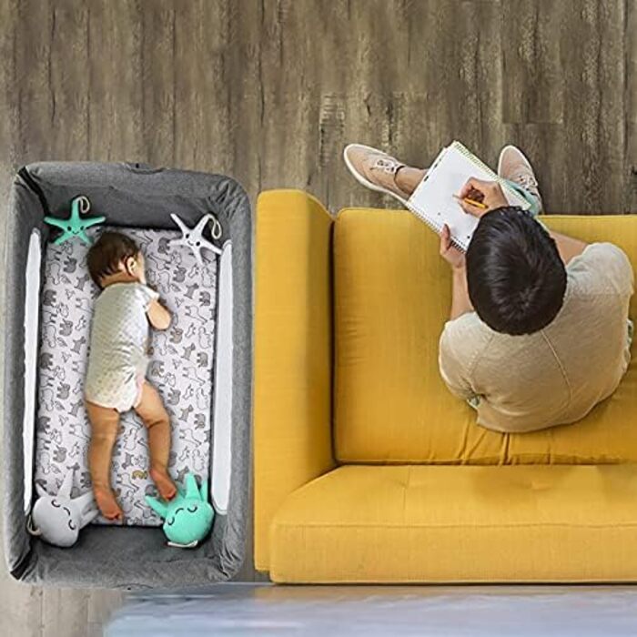 Дитяче ліжечко Supfine Cododo, ліжко 3-в-1 з матрацом та москітною сіткою, регульована висота, мобільна колиска для новонароджених/немовлят, Calidoo з кошиком для зберігання (92 x 58 x 70-87 см, сірий колір), YE360461 сірий 92x58x70-87 см