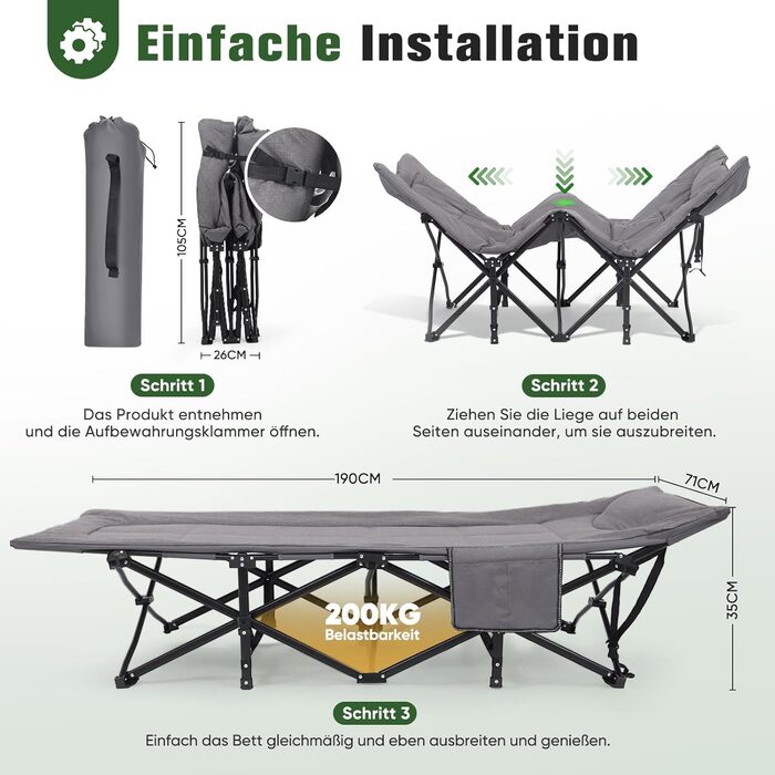 Розкладне кемпінгове ліжко Sekey з подушкою та бічною кишенею, до 190 x 71 x 36 см, надзвичайно широка спальна поверхня, кемпінговий шезлонг/шезлонг для використання на вулиці та в приміщенні ідеально підходить для саду, кемпінгу, фестивалів та подорожей,