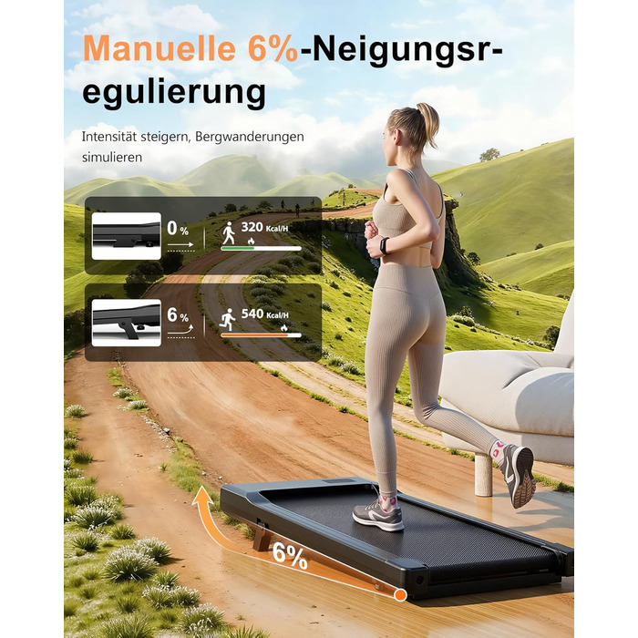 Килимок для ходьби Superun з нахилом 6 Бігова доріжка для дому, макс. 6 км/год та 12 км/год, із застосунком та пультом дистанційного керування Настільна бігова доріжка, макс. 136 кг, з багатофункціональними забігами та тренувальними смугами, 90 см, з нахи