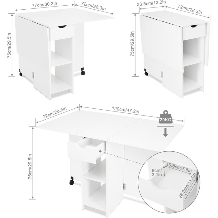 Розкладний обідній стіл Mondeer, кухонний стіл з шухлядою та полицями для 2-4 осіб, розкладний обідній стіл на колесах для невеликих приміщень, їдальня, кухня, 72 x 120 x 75 см, білий